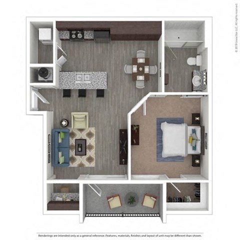 Floor plan for 1 bed, 1 bath, 684 sqft
